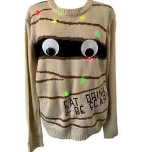 Eat Drink & Be Scary LED Light Up Sweater LARGE Halloween Party Spooky Mummy Tan